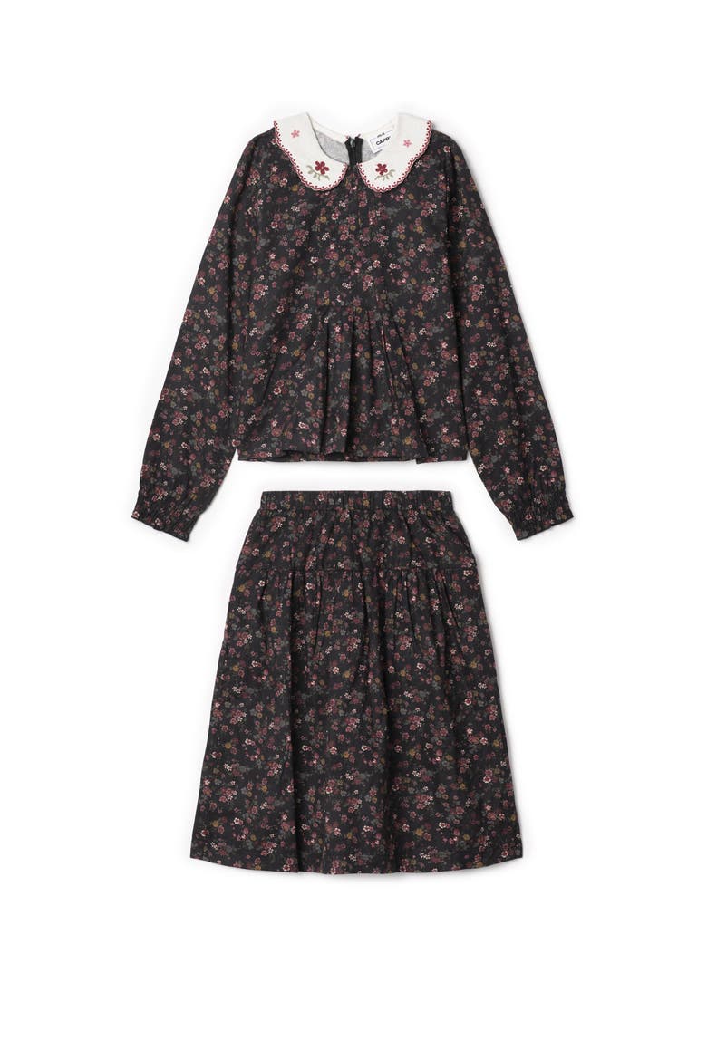 Girls 2-Piece Woven Floral Set - Embroidered Collared Blouse and Skirt, Main, color, Burgundy/Black