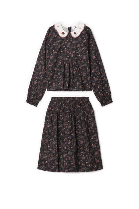 Girls 2-Piece Woven Floral Set - Embroidered Collared Blouse and Skirt