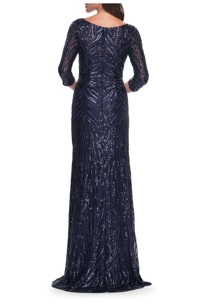La Femme Print Sequin Gown with High Neckline and Sleeves, Alternate, color, Navy