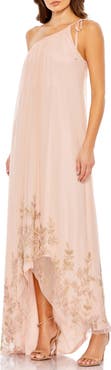 Mac Duggal Asymmetrical One Shoulder Beaded Hem Mesh Gown