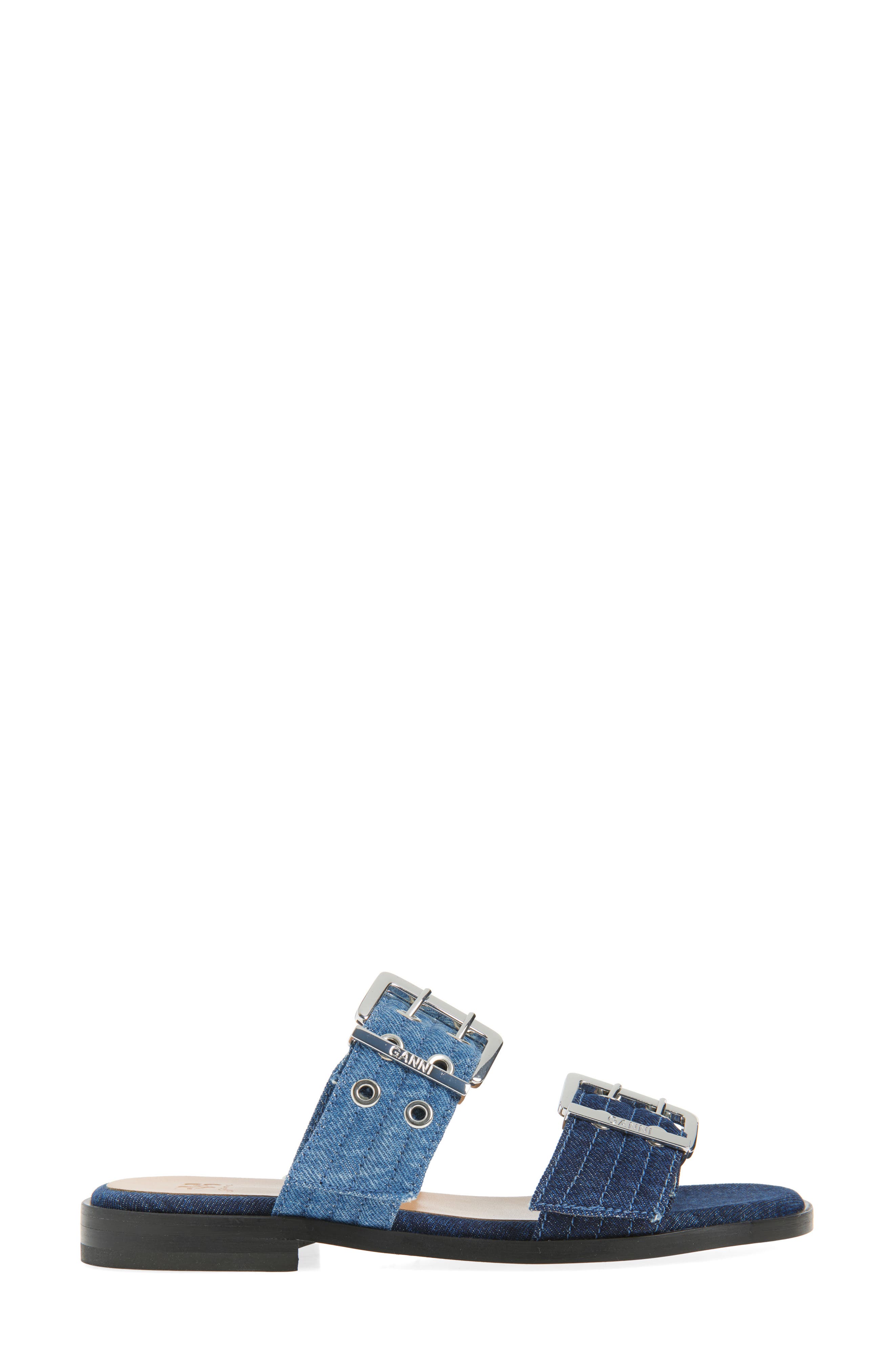 Ganni Feminine Buckle Strap Denim Slide Sandal, Alternate, color, Mid Blue Vintage