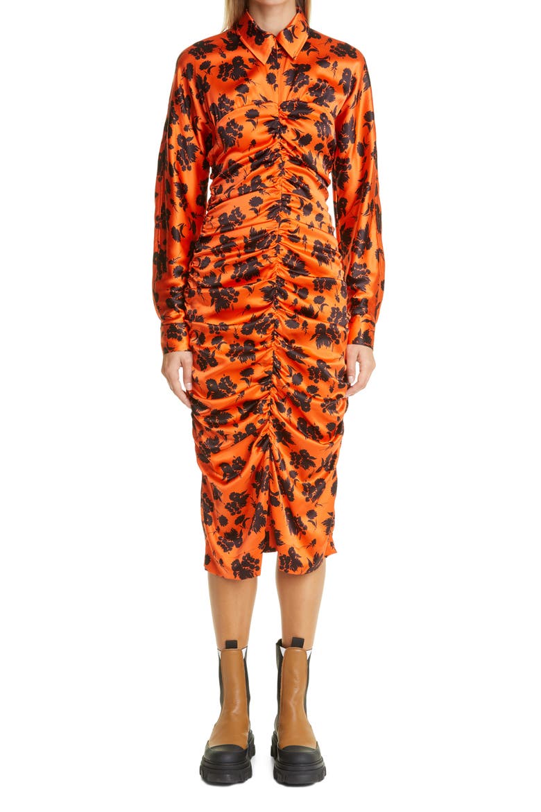 Floral Print Ruched Long Sleeve Stretch Silk Satin Dress, Main, color, FLAME
