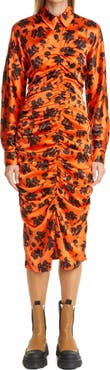 Ganni Floral Print Ruched Long Sleeve Stretch Silk Satin Dress