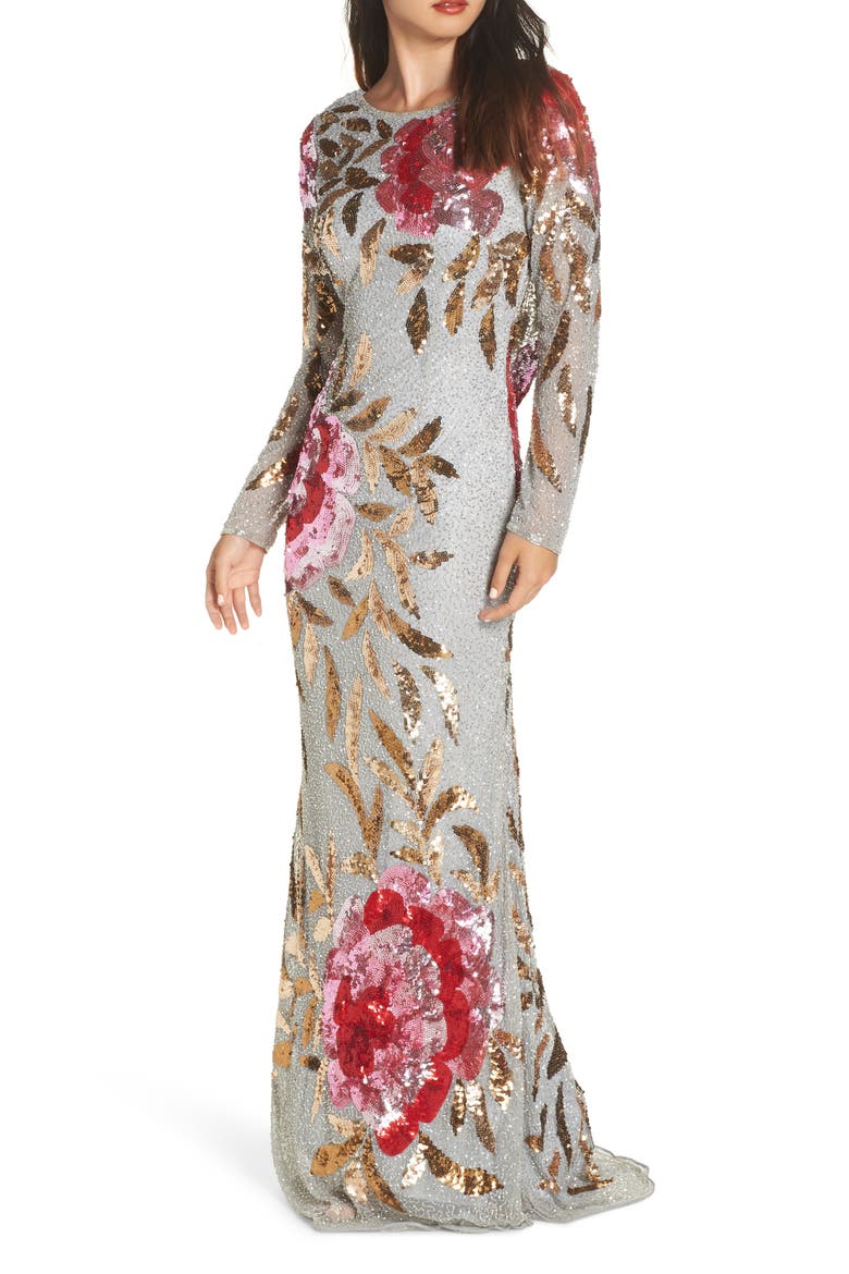 Long Sleeve Sequin Column Gown, Main, color, PLATINUM