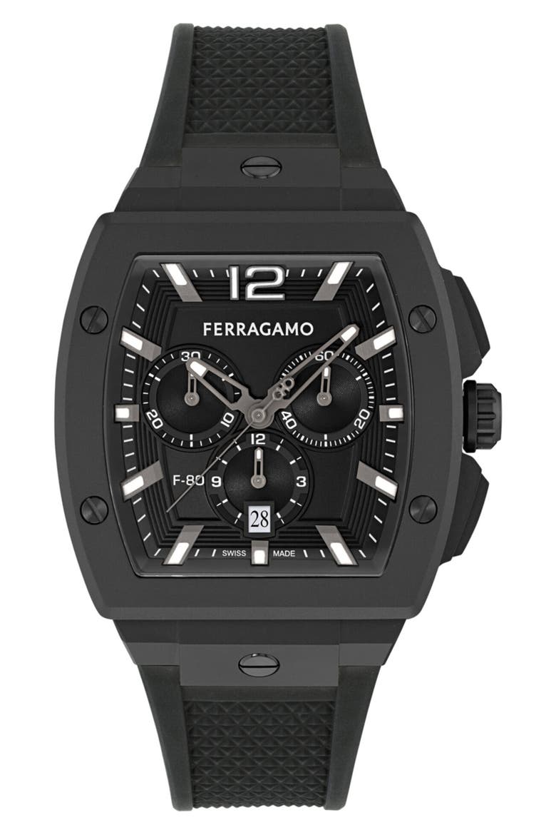 F-80 Tonneau Chronograph Silicone Strap Watch, mmx 42mm, Main, color, BLACK ALUMINUM