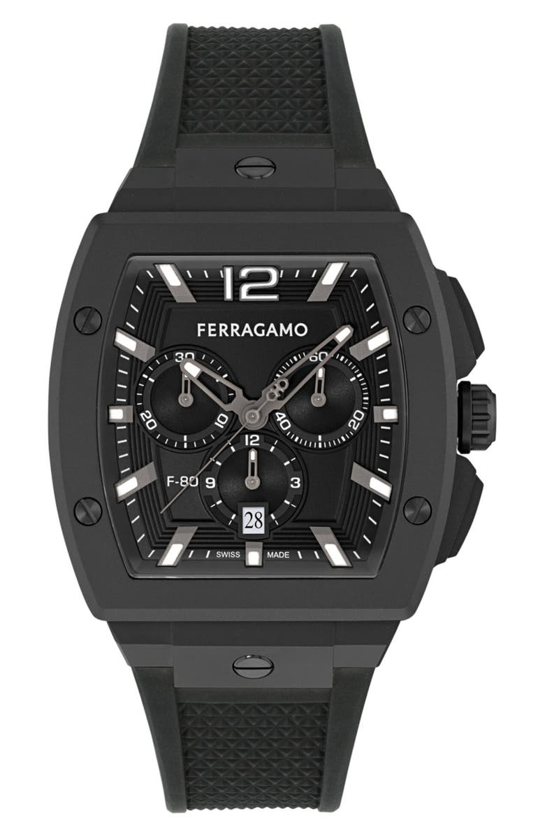 FERRAGAMO F-80 Tonneau Chronograph Silicone Strap Watch, mmx 42mm, Main, color, 