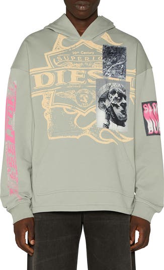 DIESEL s-baxt-hood-r1 グラフィックパッチ プルオーバー S-BAXT-HOOD-R1 Hoodie with prints and logo patches｜グリーン