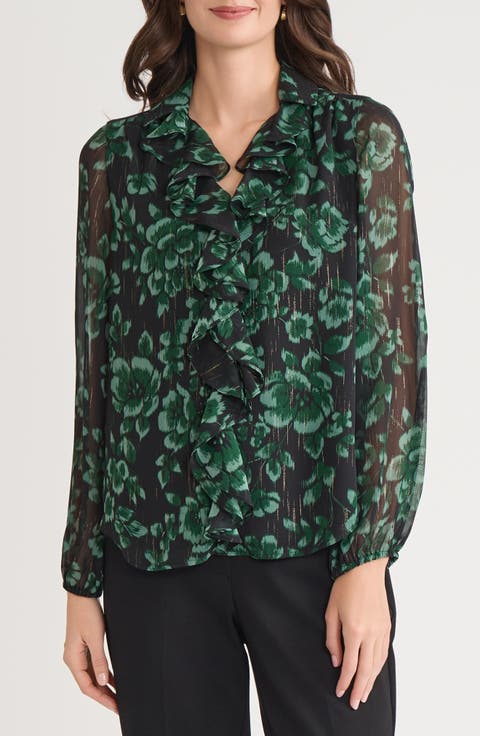 Floral Metallic Ruffle Chiffon Top