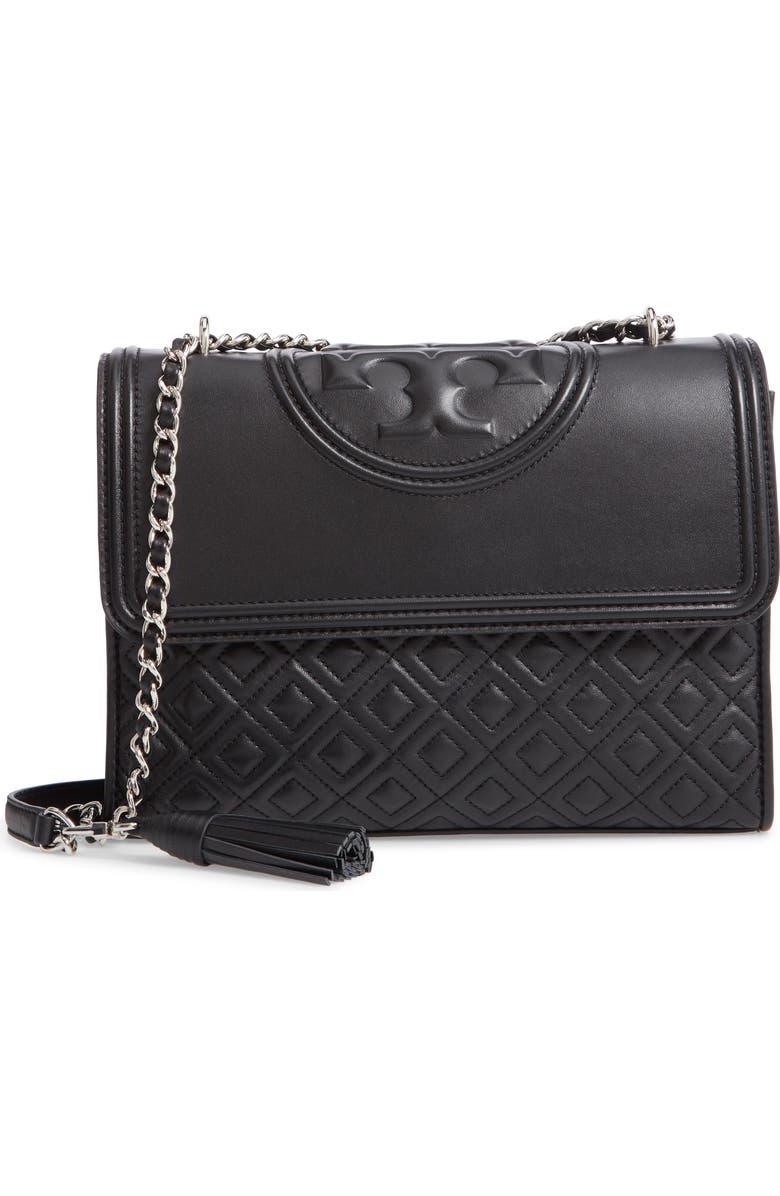 Tory Burch Fleming Quilted Lambskin Leather Convertible Shoulder Bag, Main, color, Black / Silver