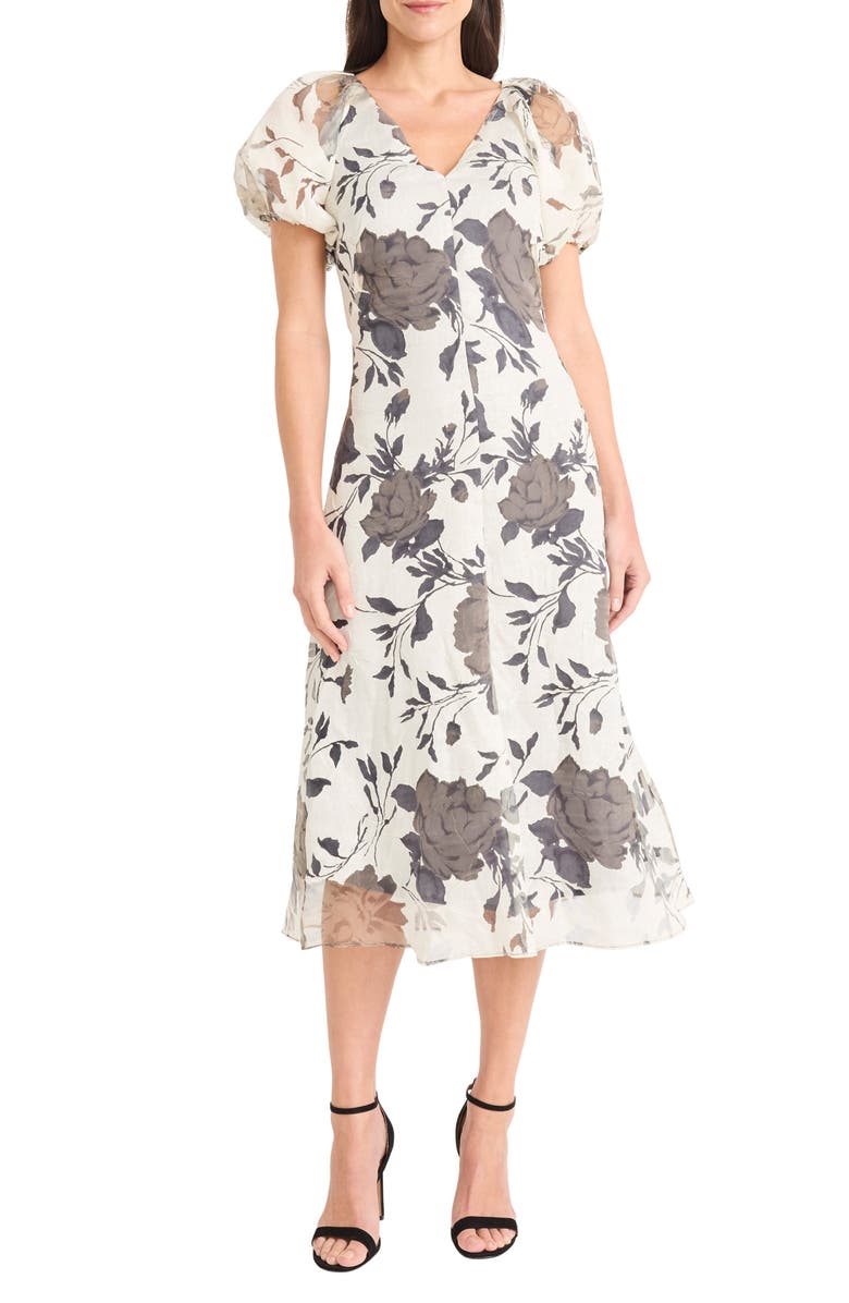 Maggy London Illusion Floral Puff Sleeve Midi Dress, Main, color, Gray/ Ivory