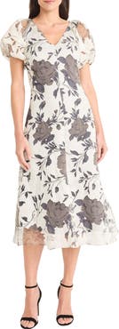 Maggy London Illusion Floral Puff Sleeve Midi Dress