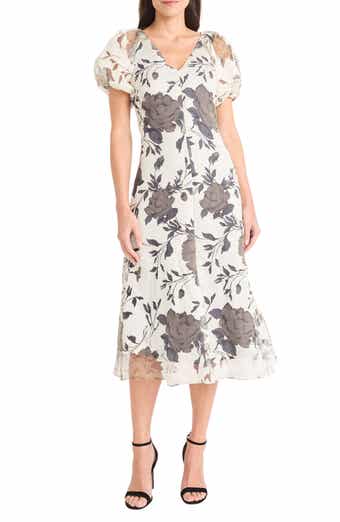 Maggy London Illusion Floral Puff Sleeve Midi Dress