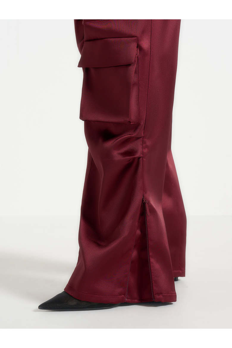 Emilie High Rise Satin Cargo Trousers, Alternate, color, Wine Red