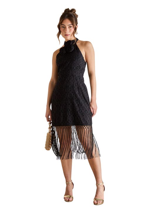Broderie Embellished Fringe Halter Dress