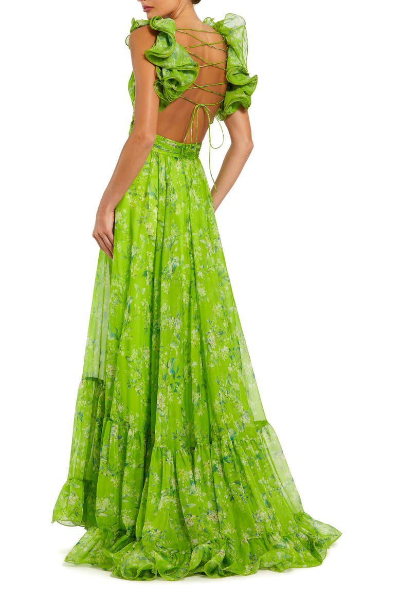 Tiered Floral Cut-Out Chiffon Gown, Alternate, color, Sage Multi