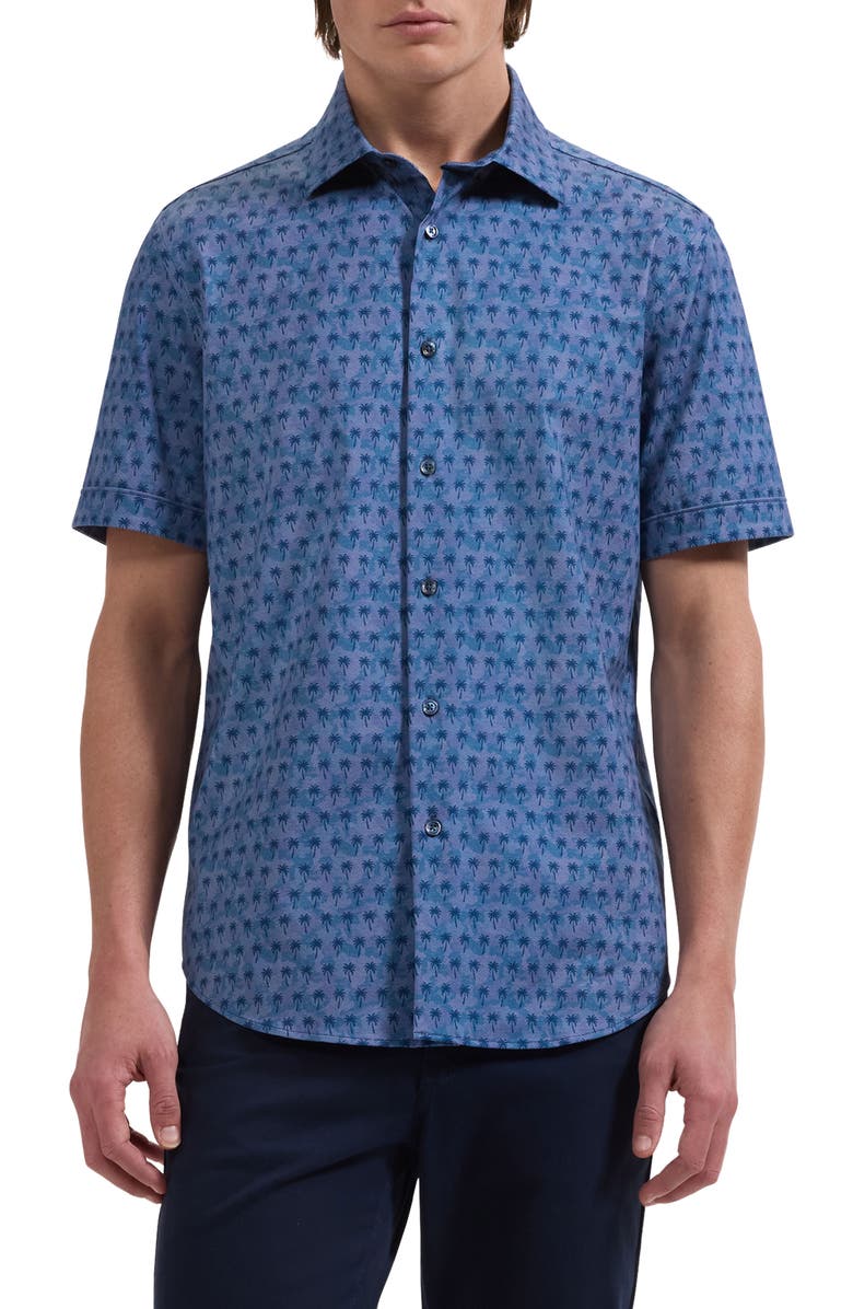 Bugatchi Miles OoohCotton<sup>®</sup> Textured Palm Print Short Sleeve Button-Up Shirt, Main, color, Navy