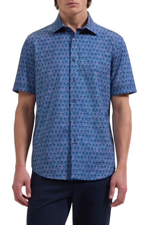 Miles OoohCotton® Textured Palm Print Short Sleeve Button-Up Shirt