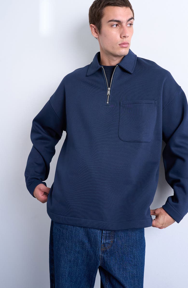 Topman Oversize Long Sleeve Quarter Zip Polo, Main, color, Navy