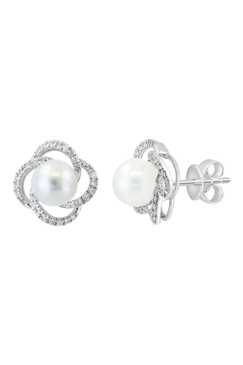 Sterling Silver Freshwater Pearl & Diamond Stud Earrings, Alternate, color, WHITE