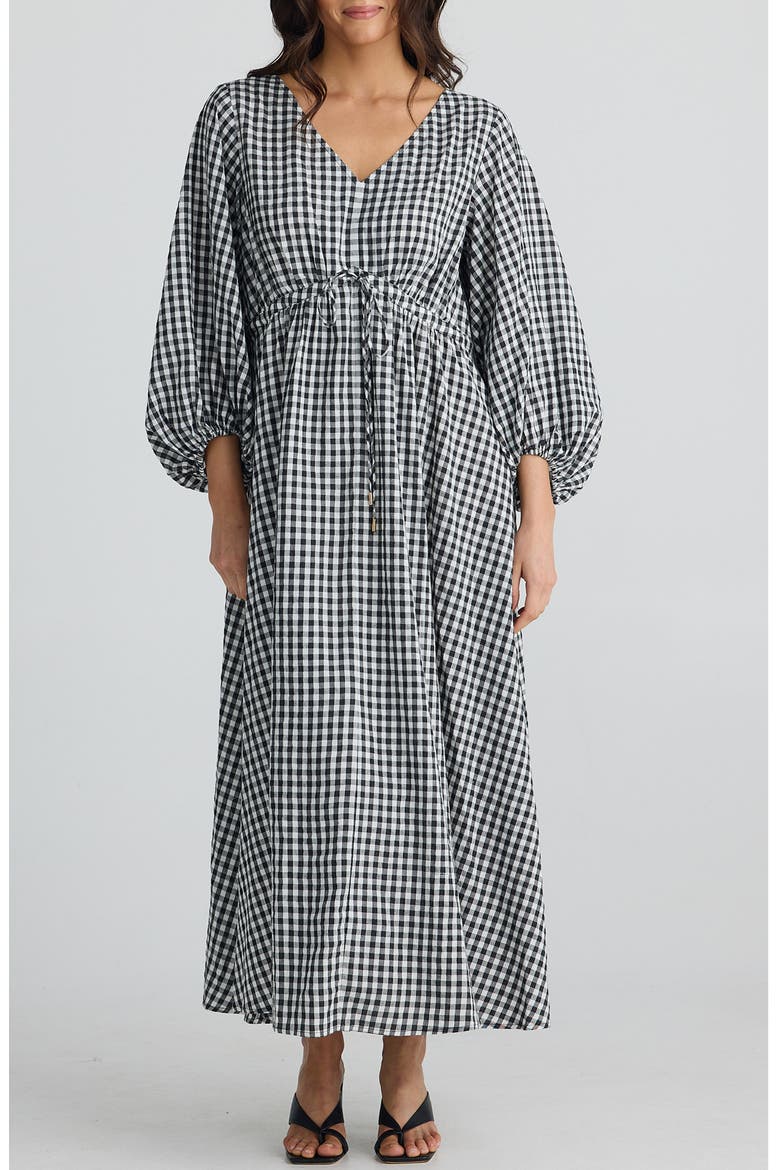 Sunshine Plaid Long Sleeve Maxi Dress, Main, color, BLACK