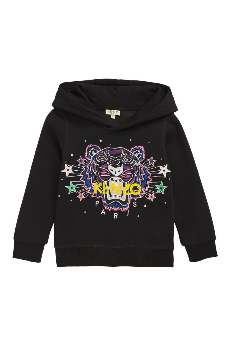 Tiger & Stars Embroidered Hoodie, Main, color, BLACK