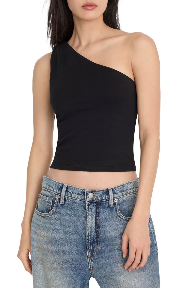 Stretch Cotton One Shoulder Crop Tank, Main, color, BLACK001