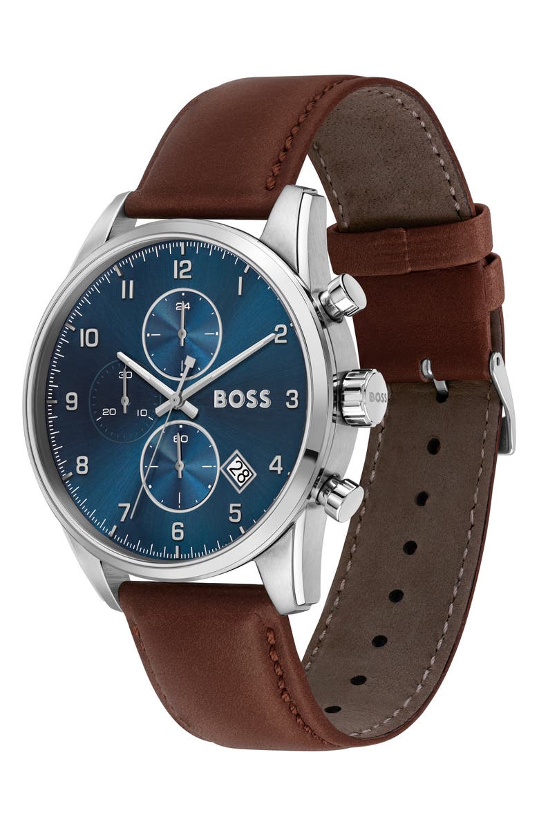 BOSS Skymaster Chronograph Leather Strap Watch, 44mm, Alternate, color, Blue