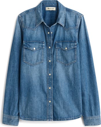 Madewell HERALD Blogger Fav Blue Denim Fringe hot Western Top Shirt XS