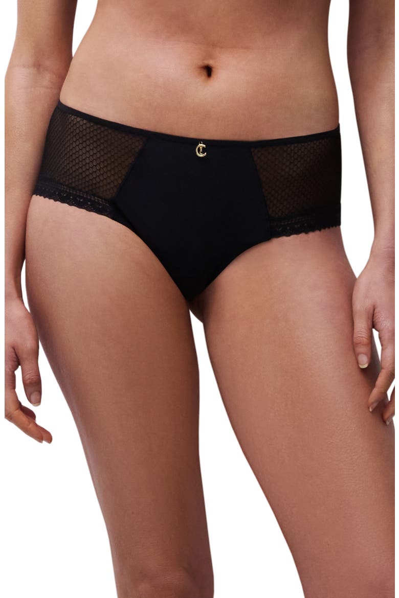 Lace Trim Tulle & Microfiber Briefs, Main, color, BLACK