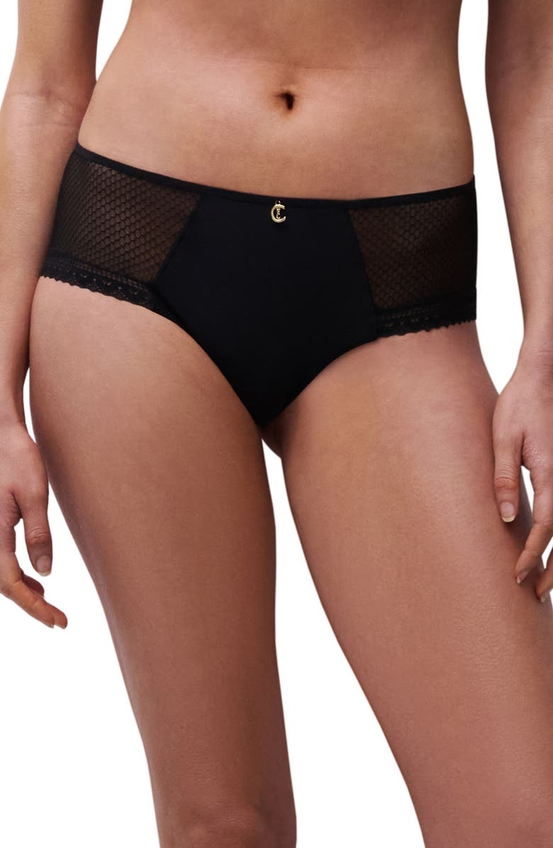 Chantelle Lingerie Lace Trim Tulle & Microfiber Briefs, Main, color, Black