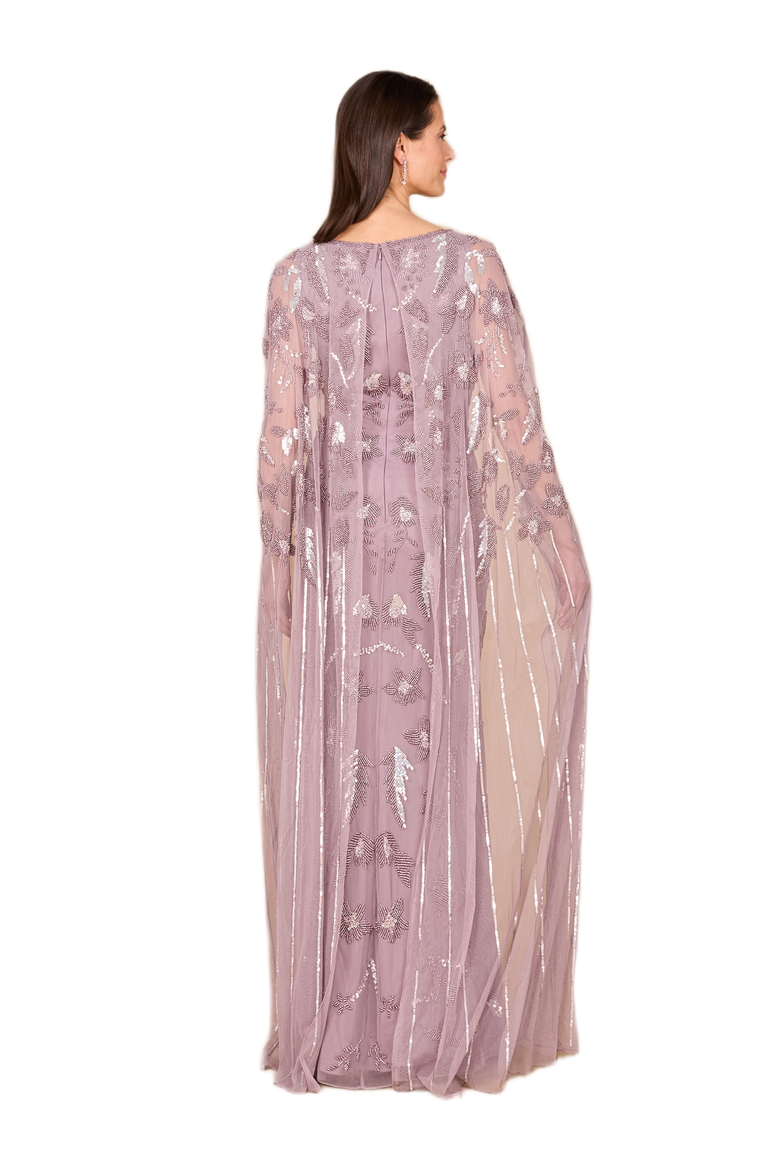 Beaded Sheath Dress with Long Cape, Alternate, color, Dusty Lavender