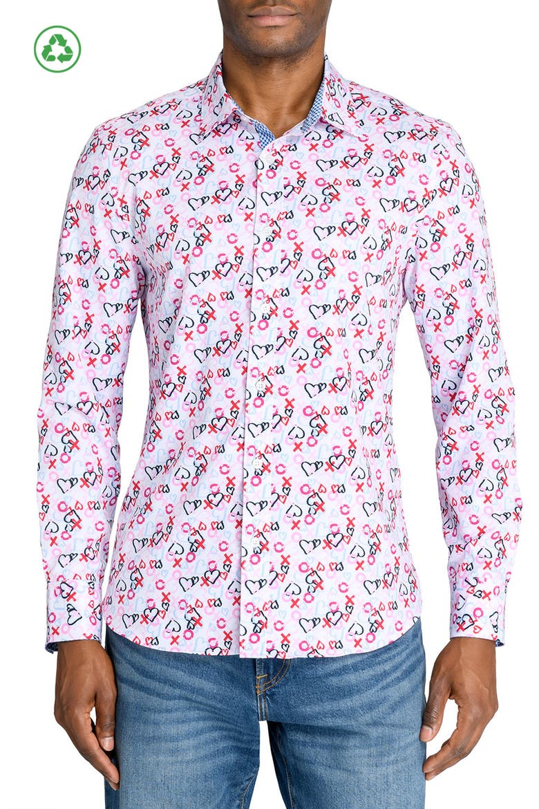 Slim Fit Heart Motif Recycled 4-Way Stretch Performance Long Sleeve Shirt, Main, color, PINK