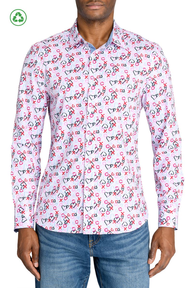 CONSTRUCT Slim Fit Heart Motif Recycled 4-Way Stretch Performance Long Sleeve Shirt, Main, color, Pink