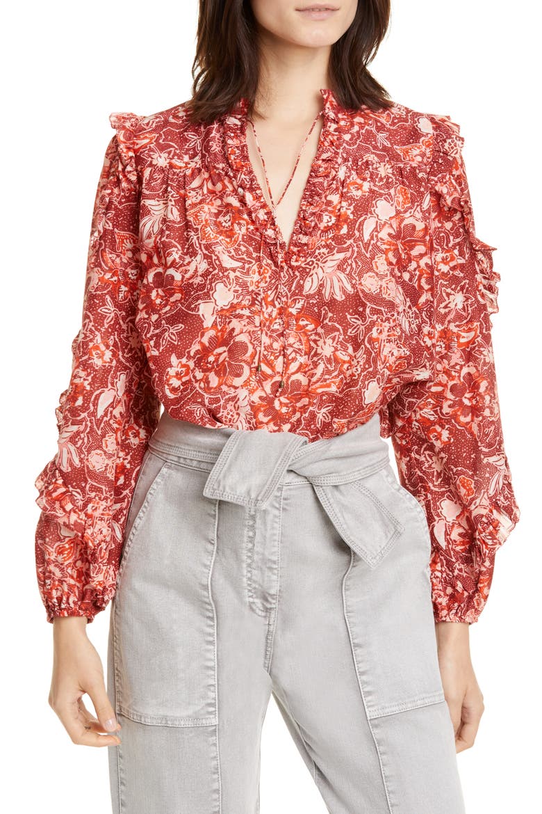 Rana Ruffle Floral Blouse, Main, color, CORAL