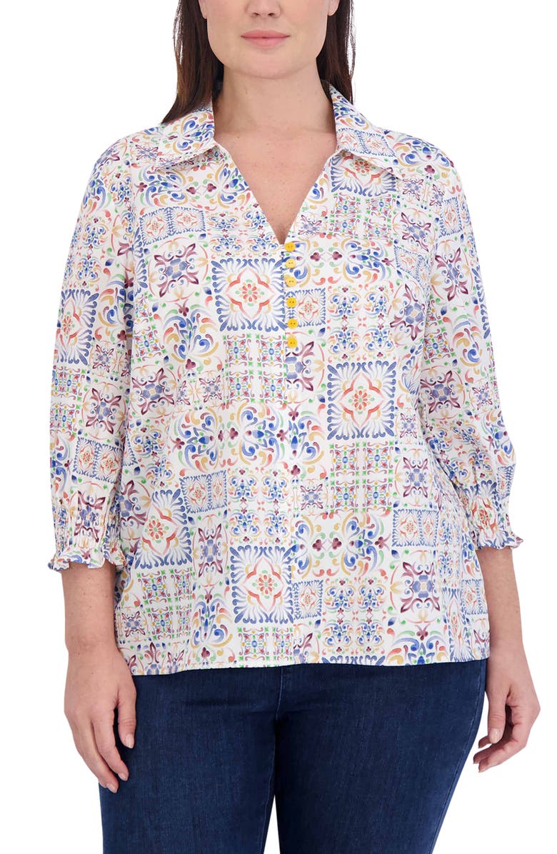 Foxcroft Alexis Watercolor Print Smocked Sleeve Cotton Popover Top, Main, color, 