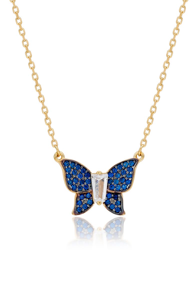 Cubic Zirconia Butterfly Pavé Pendant Necklace, Main, color, BLUE