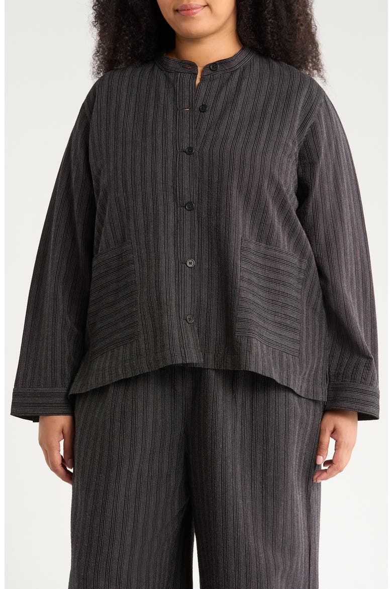 Stripe Mandarin Collar Shirt Jacket, Main, color, BLACK