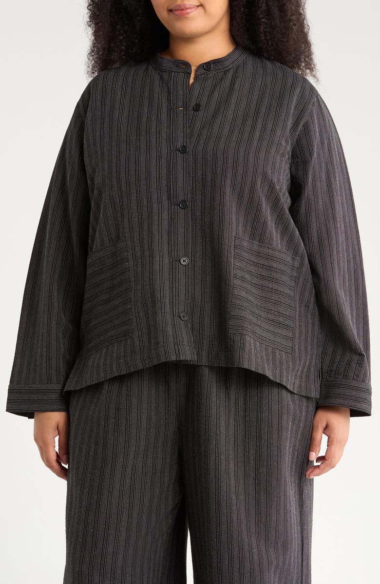 Eileen Fisher Stripe Mandarin Collar Shirt Jacket, Main, color, Black