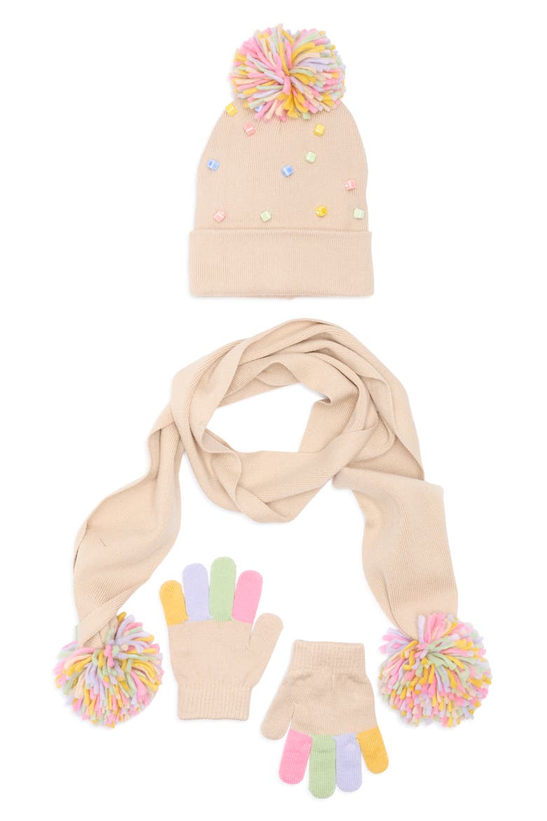 Kids' Rainbow Bead Pompom Beanie, Scarf & Gloves Set, Main, color, SOFT SAND