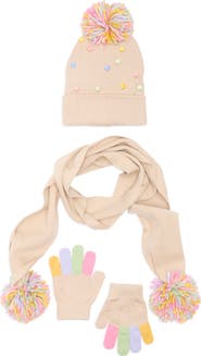 Toby Kids' Rainbow Bead Pompom Beanie, Scarf & Gloves Set