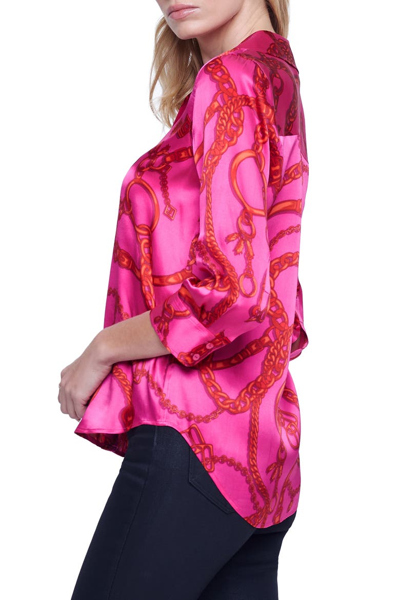 Dani Chain Link Print Silk Button-Up Shirt, Alternate, color, PINK/ RED BUCKLE CHAIN