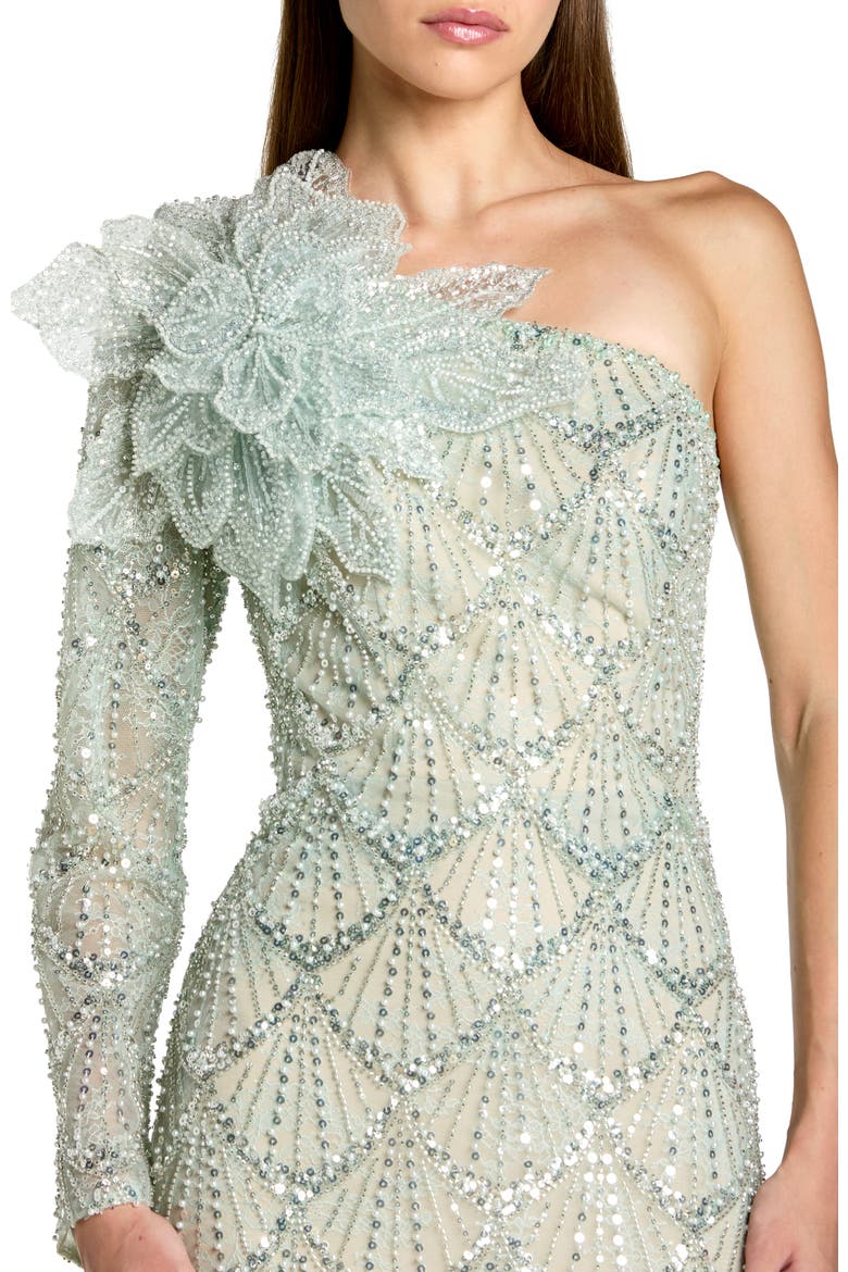 One Sleeve 3D Flower Sequin Column Gown, Alternate, color, Seafoam
