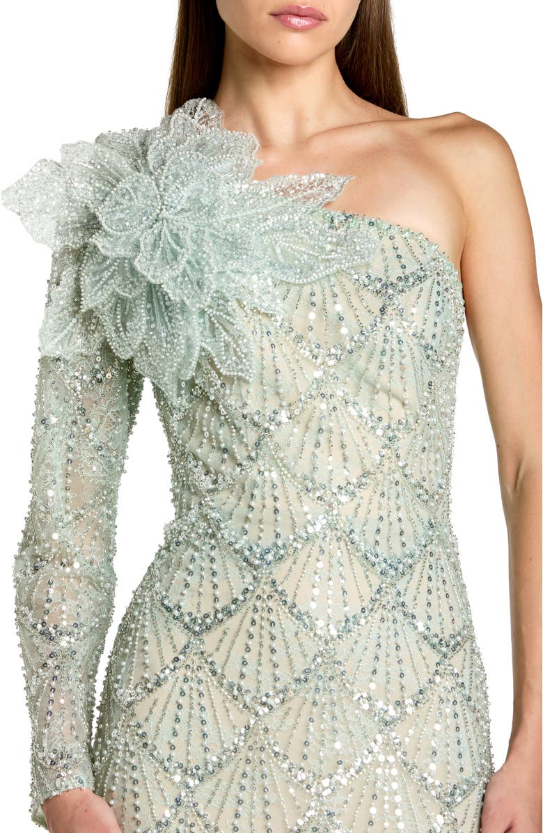 Mac Duggal One Sleeve 3D Flower Sequin Column Gown, Alternate, color, Seafoam