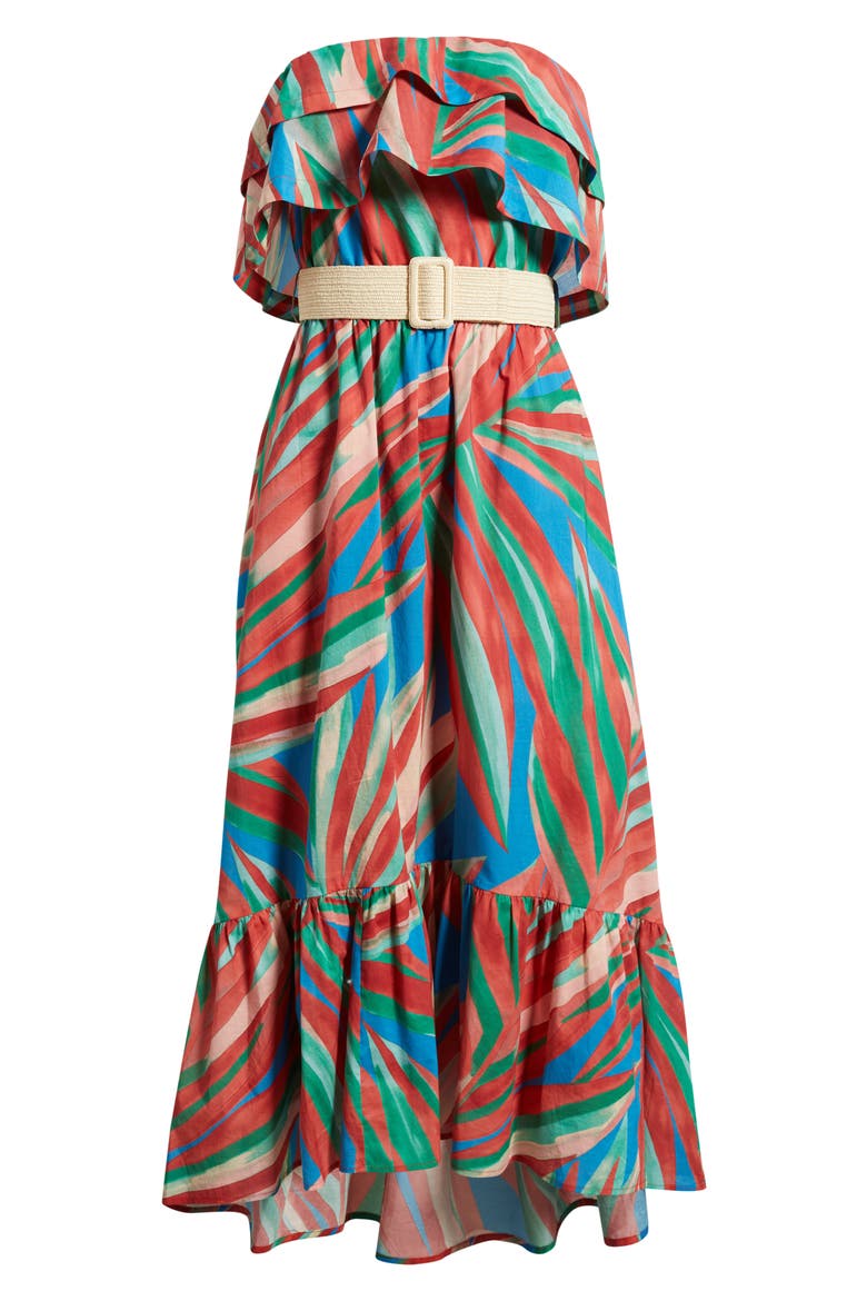Ruffle Belted Strapless Maxi Dress, Alternate, color, RED PALM