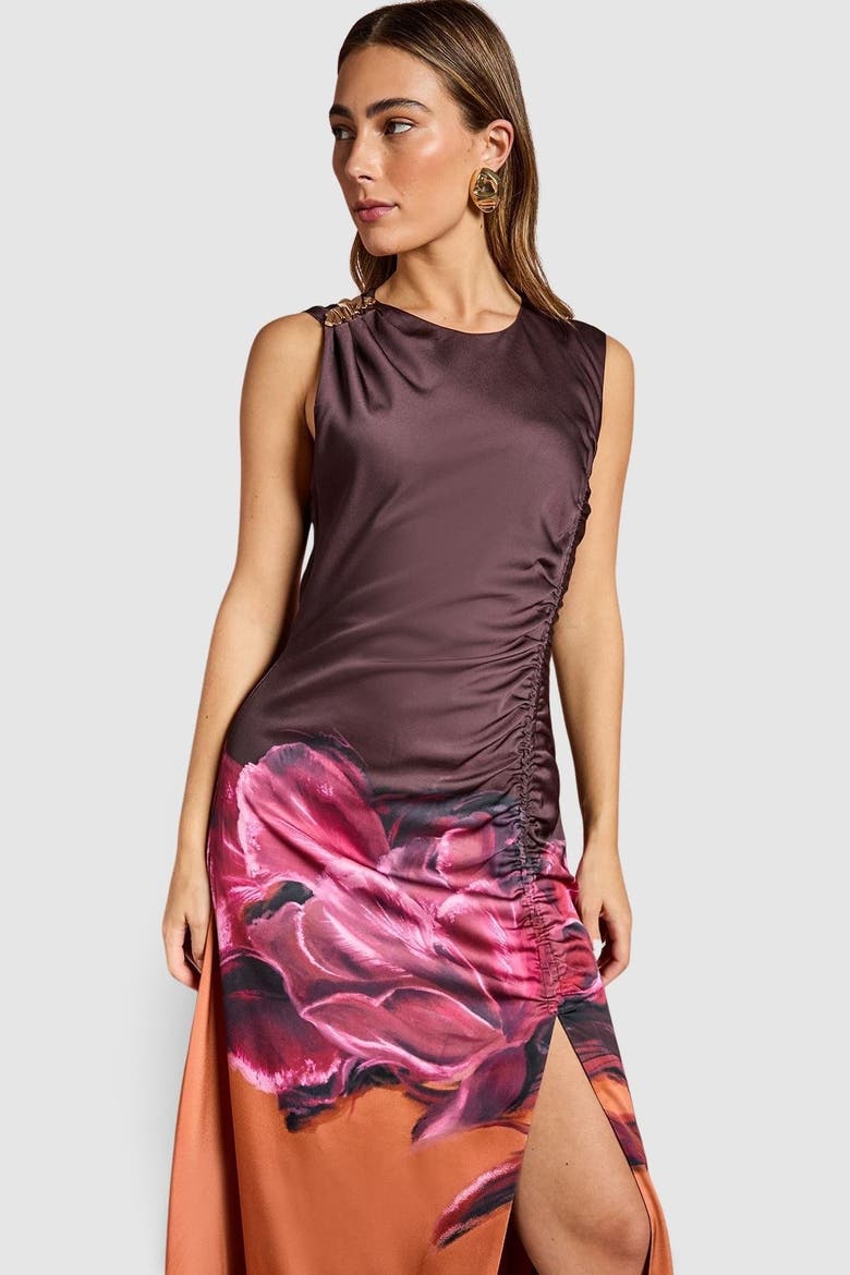 Ruched Print Satin Midi Dress, Alternate, color, Orange