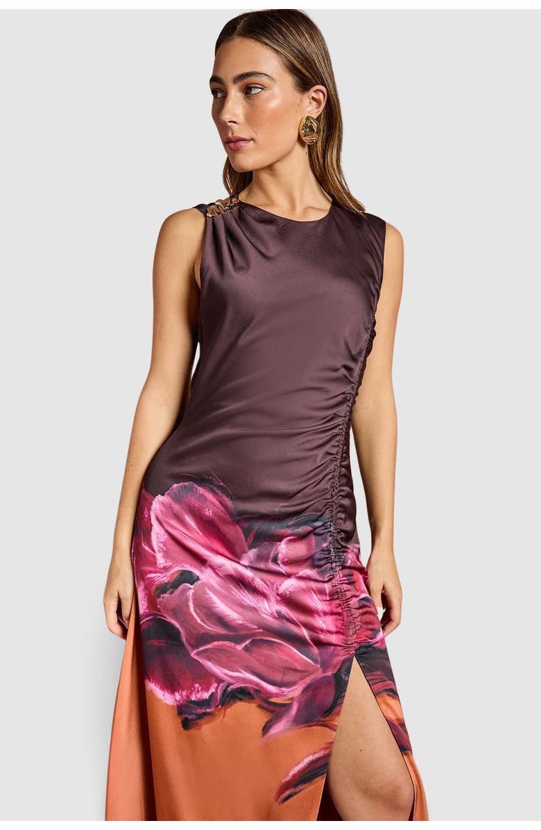 Coast Ruched Print Satin Midi Dress, Alternate, color, Orange