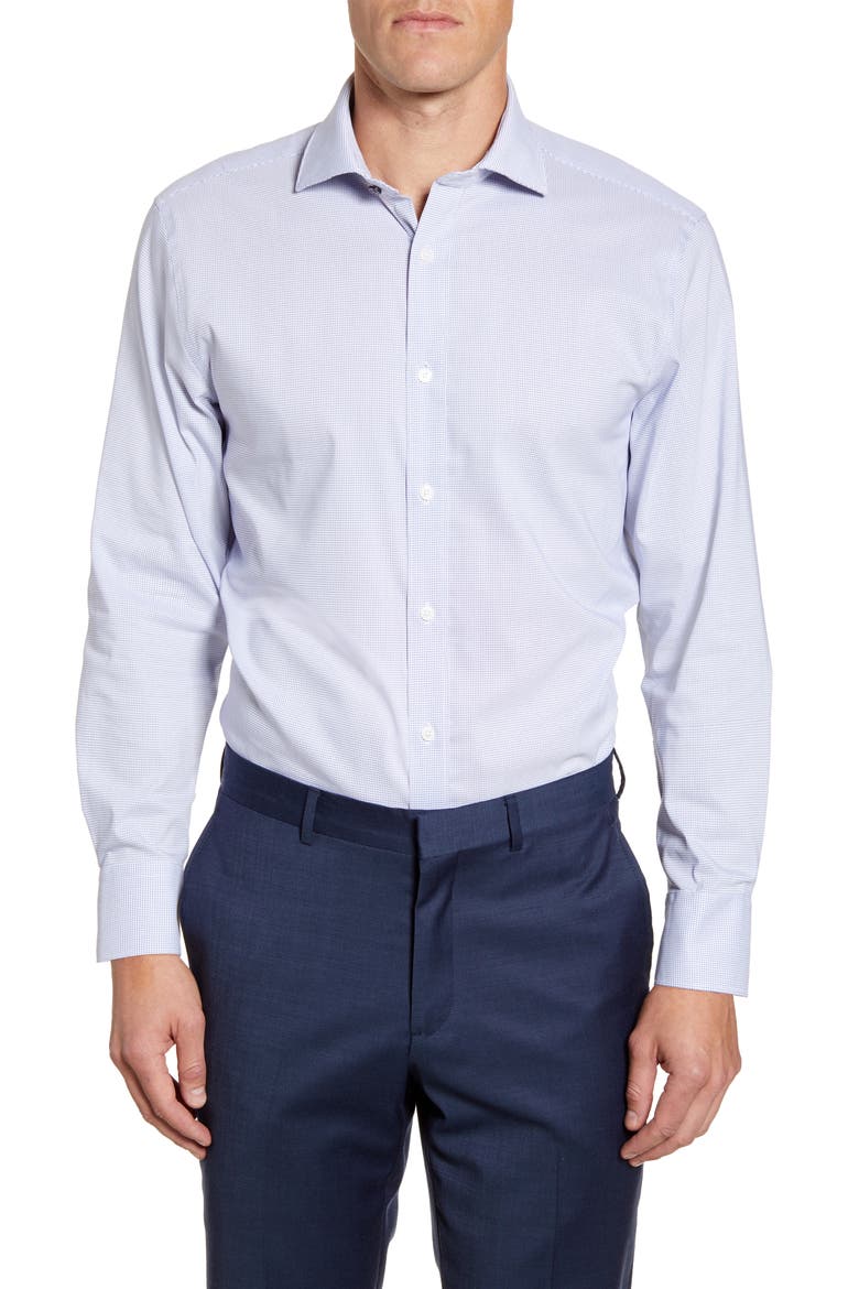 Trim Fit Stretch Cotton Blend Dress Shirt, Main, color, TURQUOISE