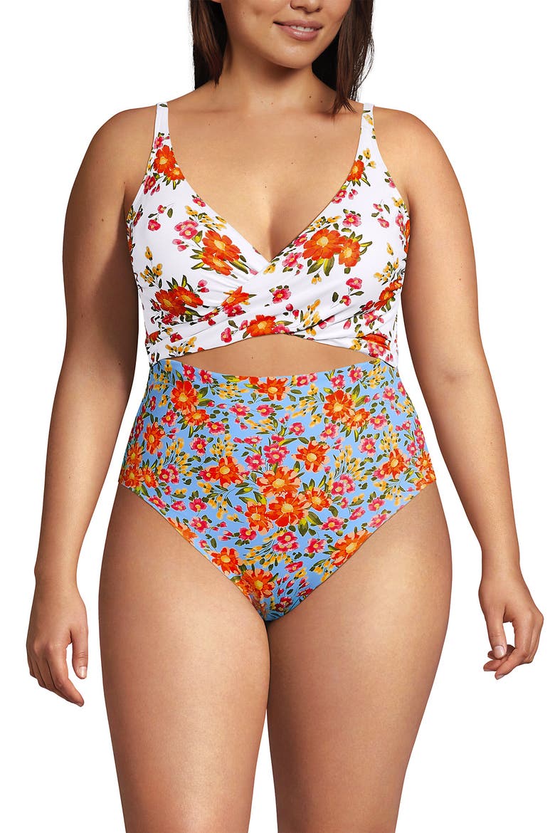 Wrap Monokini High Leg One Piece Swimsuit, Main, color, White/Blue Spring Floral