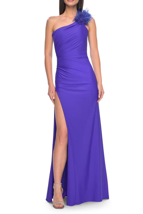 One Shoulder Jersey Gown with Feather Detail