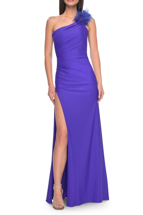 La Femme One Shoulder Jersey Gown With Feather Detail In Royal Blue